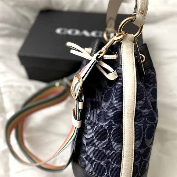Coach Navy Blue Bucket Bag with Rainbow Strap - Picture 9 of 13